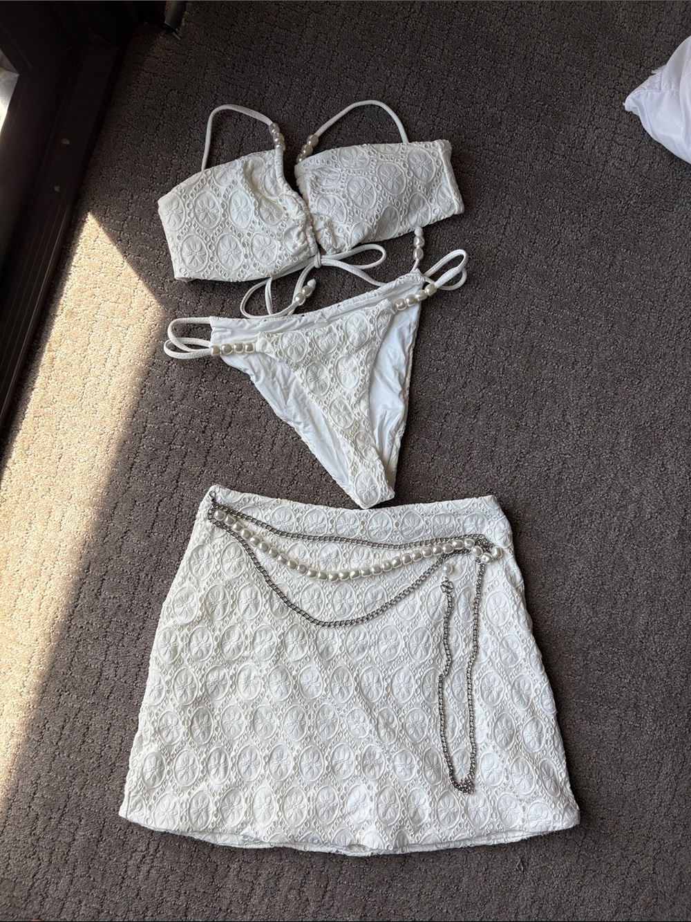 Devon Windsor White Lace Bikini Set with Mini Skirt and Chain Belt